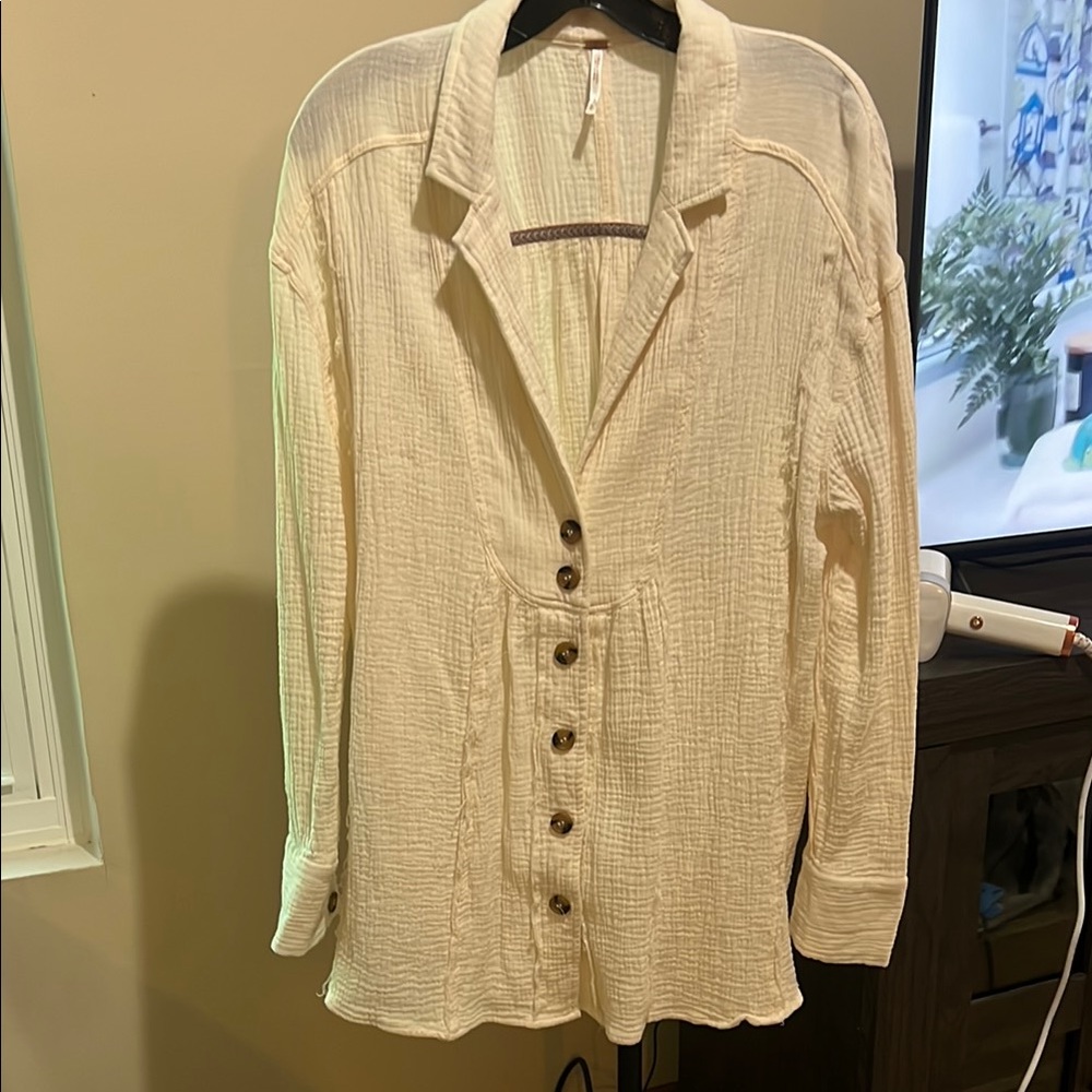 Free People All About the Feels Cream Button-Front Gauze Shirt 23" ptp  30" long